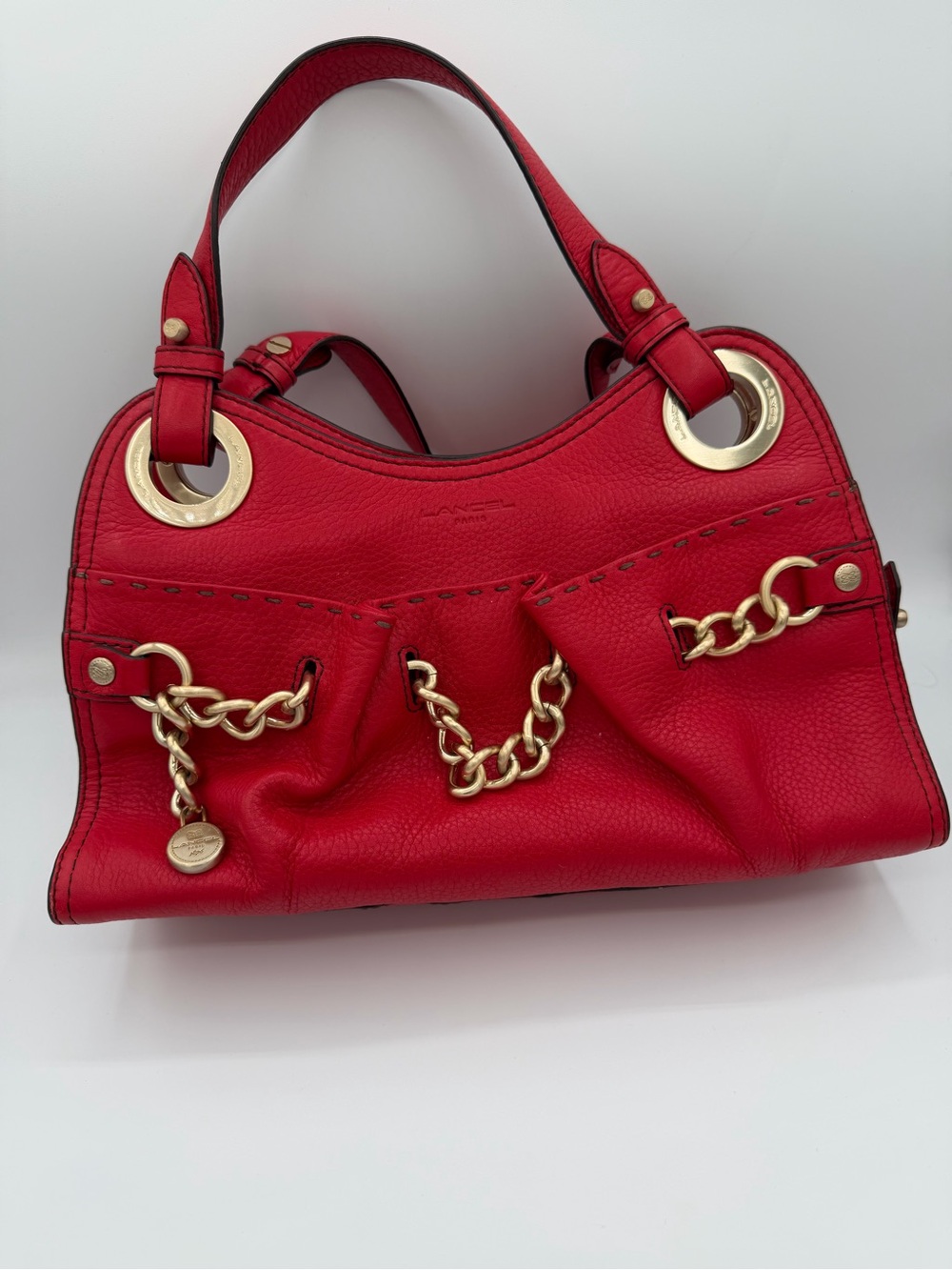 Lancel Paris Red Pebbled Leather Chain Bag Y2K Slouchy Shoulder Hobo - vintage